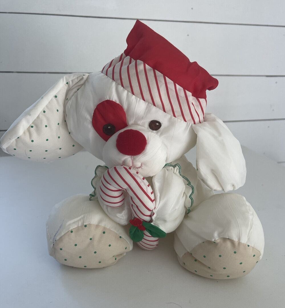 VINTAGE Fisher Price Christmas White Puppy Dog Puffalump 1990 Plush Candy Cane